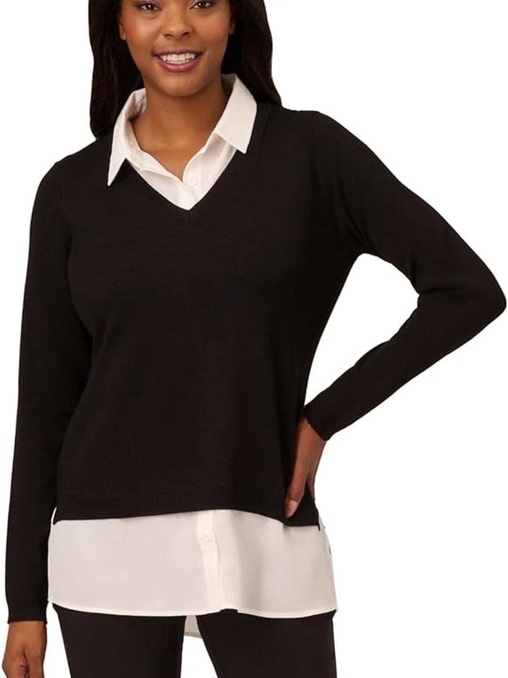 Adrianna Papell Black V-Neck Layered-Look Sweater